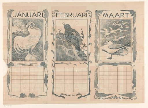 Calendar pages of January, February and March, with birds