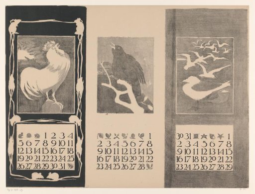 Calendar Sheets of January, February and March, with Birds