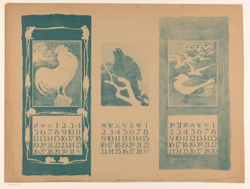 Calendar Sheets of January, February and March, with Birds