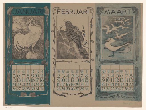 Calendar pages of January, February and March, with birds