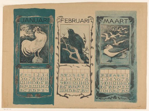Calendar pages of January, February and March, with birds