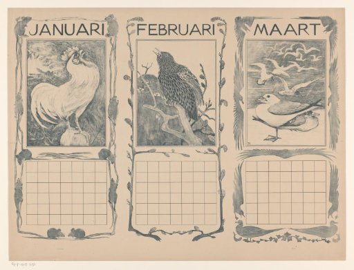 Calendar Sheets of January, February and March, with Birds