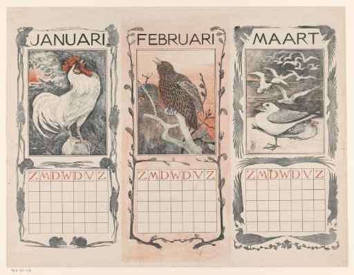 Calendar pages of January, February and March, with birds