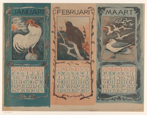 Calendar pages of January, February and March, with birds
