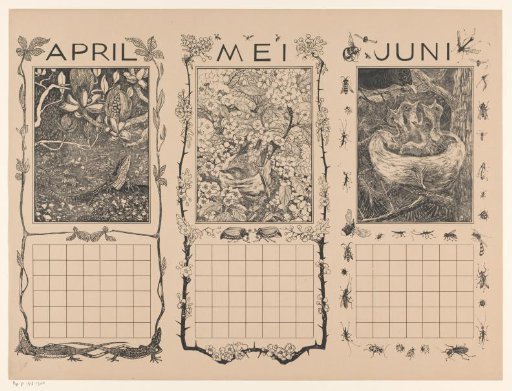 Calendar pages of April, May and June, with lizard and birds
