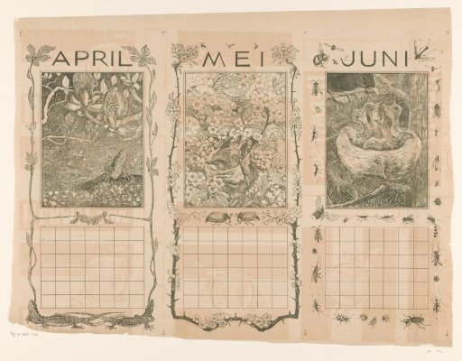 Calendar pages of April, May and June, with lizard and birds