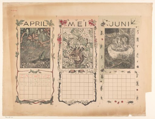 Calendar pages of April, May and June, with lizard and birds