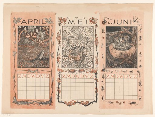 Calendar pages of April, May and June, with lizard and birds
