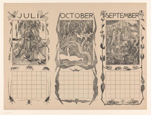 Calendar Sheets of July, October and September, with Sheaves of Grain, Swans and Rabbits