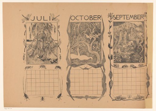 Calendar pages of July, October and September, with sheaves of corn, swans and rabbits