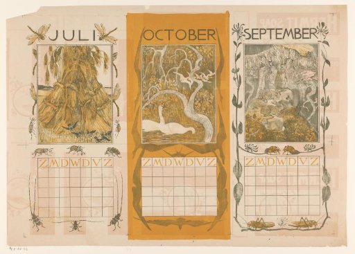 Calendar pages of July, October and September, with sheaves of corn, swans and rabbits