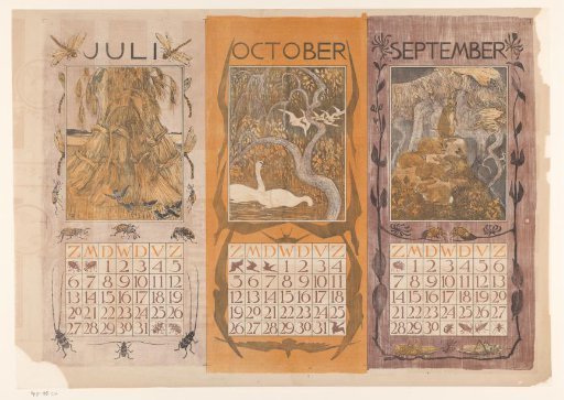 Calendar pages of July, October and September, with sheaves of corn, swans and rabbits