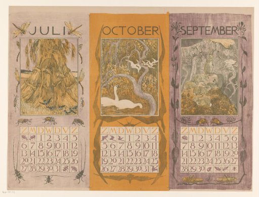 Calendar pages of July, October and September, with sheaves of corn, swans and rabbits