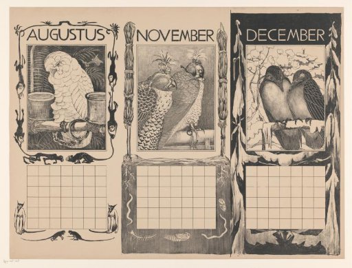Calendar pages of August, November and December, with birds