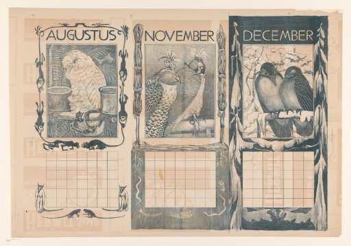 Calendar pages of August, November and December, with birds