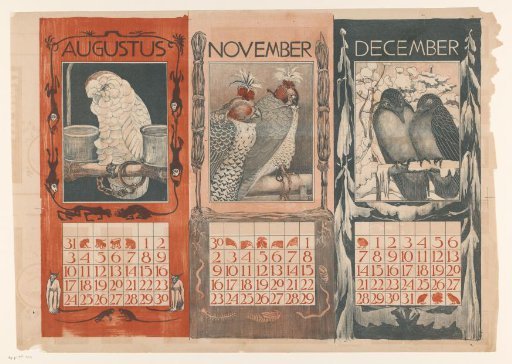 Calendar pages of August, November and December, with birds