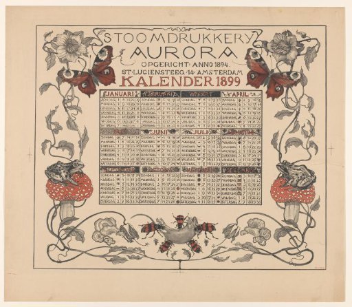 Calendar of the year 1899, with flowers, insects and frogs