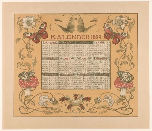 Calendar of the year 1899, with flowers, insects and frogs