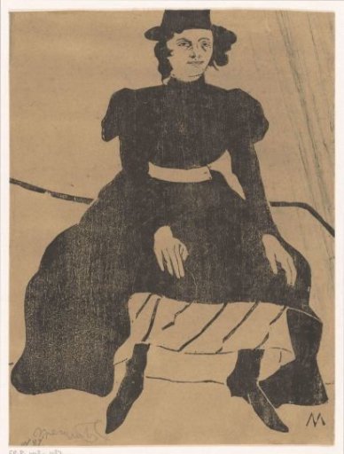 Seated woman wearing a hat and a black dress, hands on her knees