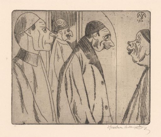Four figures with caps