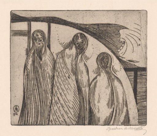 Three elongated figures in cloaks