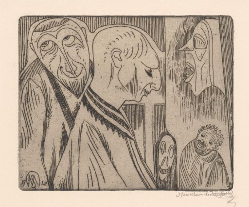 Four figures and a mask