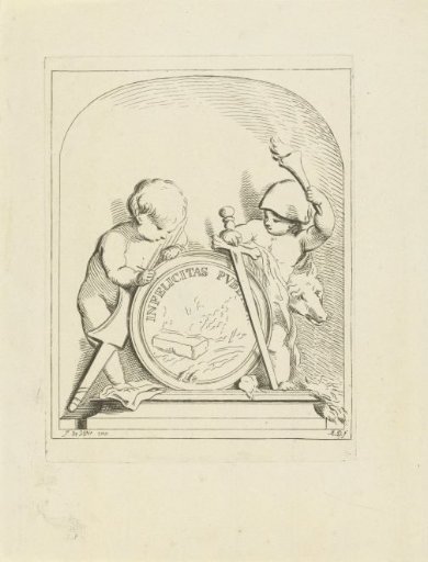 Putti standing beside a medallion with a tomb, in a niche