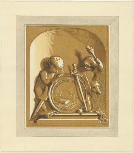 Putti standing beside a medallion with a tomb, in a niche