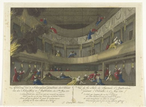 Hall of the theatre on the Keizersgracht in Amsterdam at the outbreak of the fire, 1772