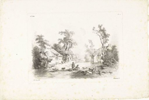 Landscape with farm and washerwoman by water