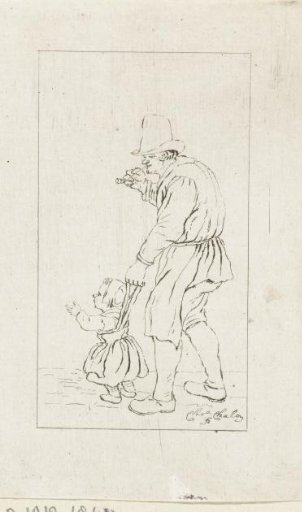 Standing man with a child on a leash
