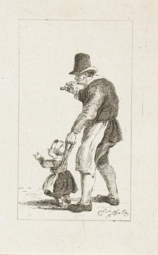 Standing man with a child on a leash
