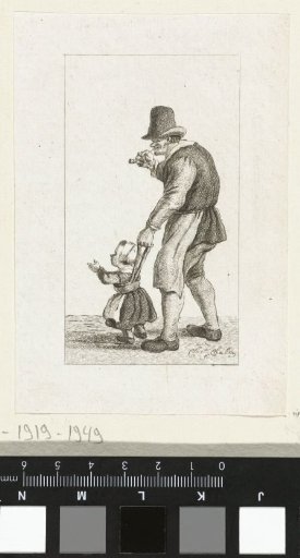 Standing man with a child on a leash