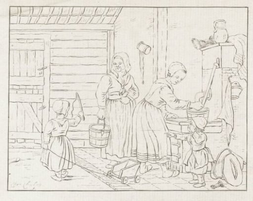 Women and children in an interior at a water pump