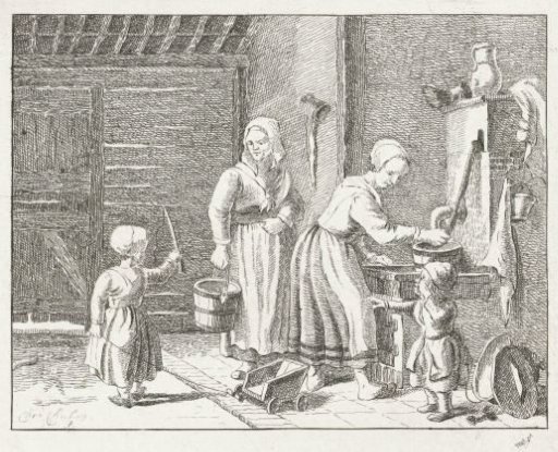 Women and children in an interior at a water pump
