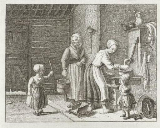 Women and children in an interior at a water pump