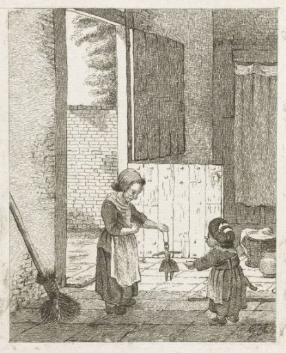 Two girls playing with a doll