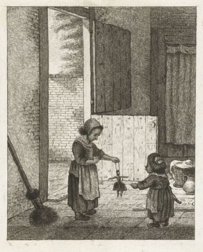 Two girls playing with a doll