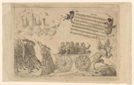 Horned devil pulling a cart with ape-like musicians followed by infantry with heads of chickens and roosters