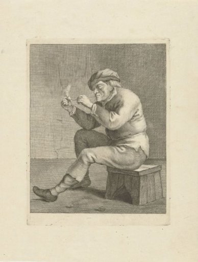 Man smoking a pipe seated on a stool