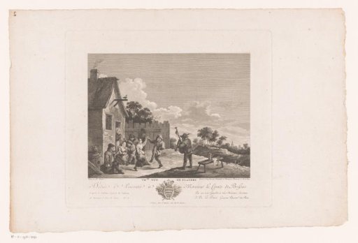 Dancing couple by a bagpiper in front of an inn