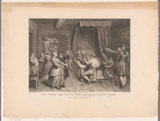 Bedroom Interior with a Man Removing a Chamber Pot from Ragotin's Foot