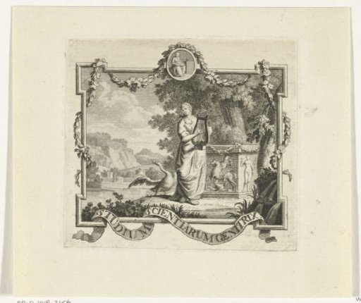 Vignette with Poetry with lyre and swan in a landscape with frame