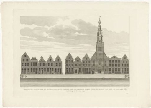View of the houses along the Rapenburg in Leiden, from the Langebrug to the Groenebrug, prior to the Leiden disaster, 1807