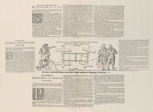 Diagram and explanation of the working of the sail-wagon of Simon Stevin