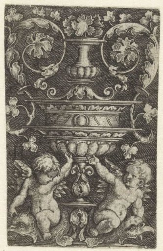 Ornament with Two Putti on Dolphins under a Vase