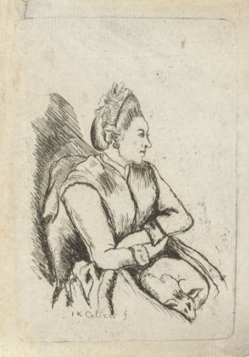 Seated lady with a small dog on her lap