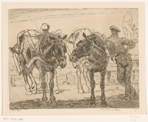 Two men with two resting workhorses