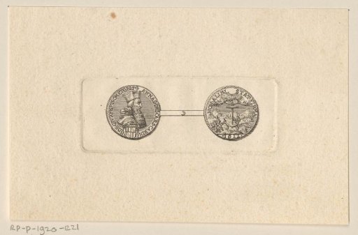 Coin with the portrait of Annas de Perusse-d'Escars de Givry and a coin with an anchor in a landscape