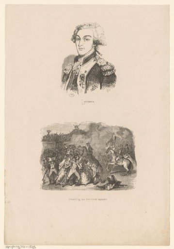 Portrait of Gilbert du Motier, Marquis de la Fayette, and the unfurling of the red flag